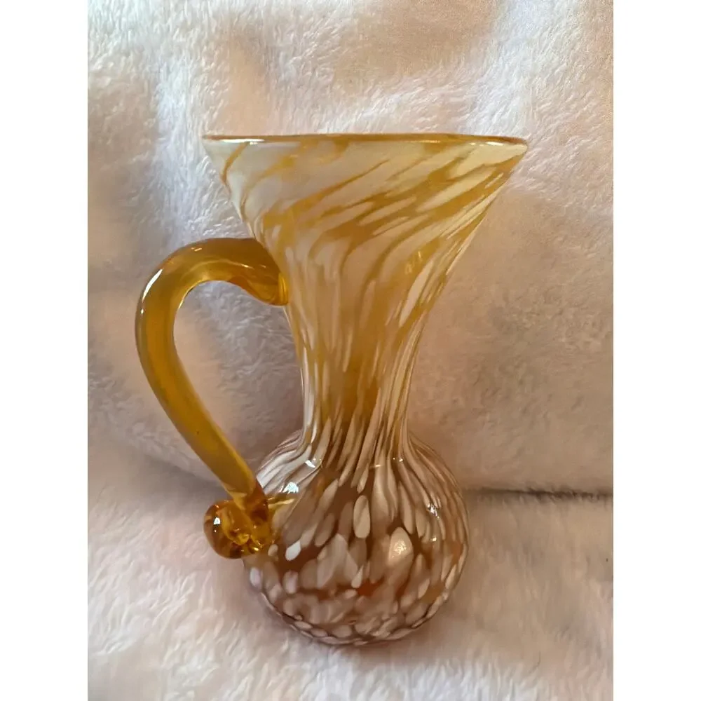 Vintage Amber White Spatter Cased Art Glass Pitcher Applied Handle Vase Jug 6